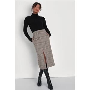 Lulu's Perfect Study Brown Plaid High-Rise Midi Skirt- Women's Size Medium